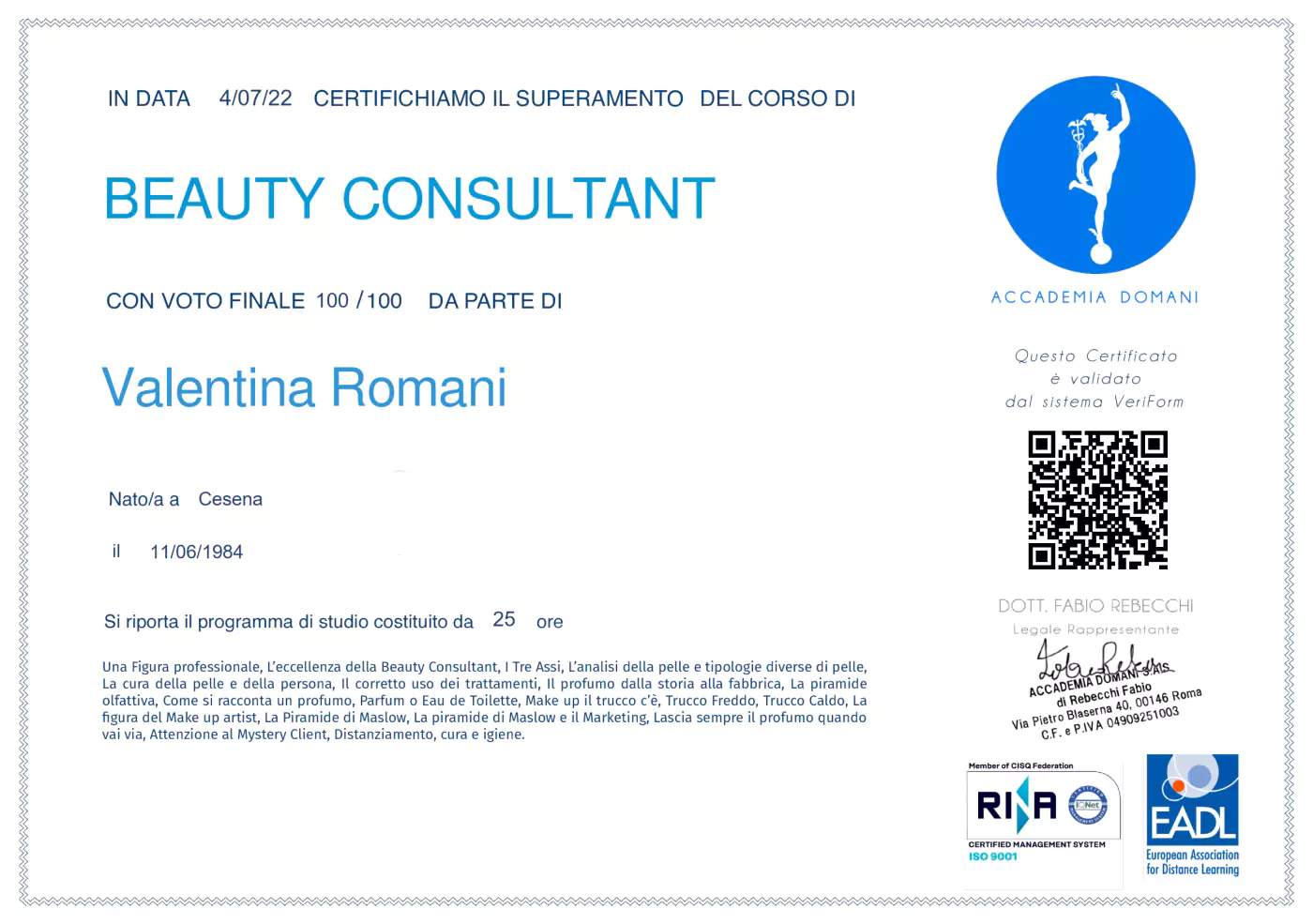 CERTIFICAZIONE BEAUTY CONSULTANT