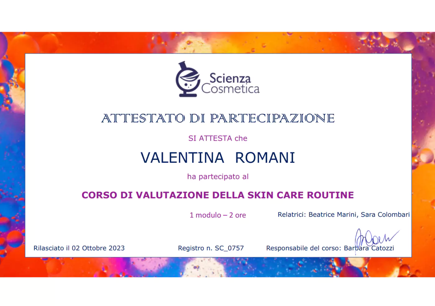 ATTESTATO IN VALUTAZIONE DELLA SKIN CARE ROUTINE